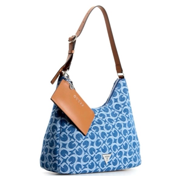 GUESS Blue Jacquard Hobo with Tan Leather Accent - Picture 2 of 3